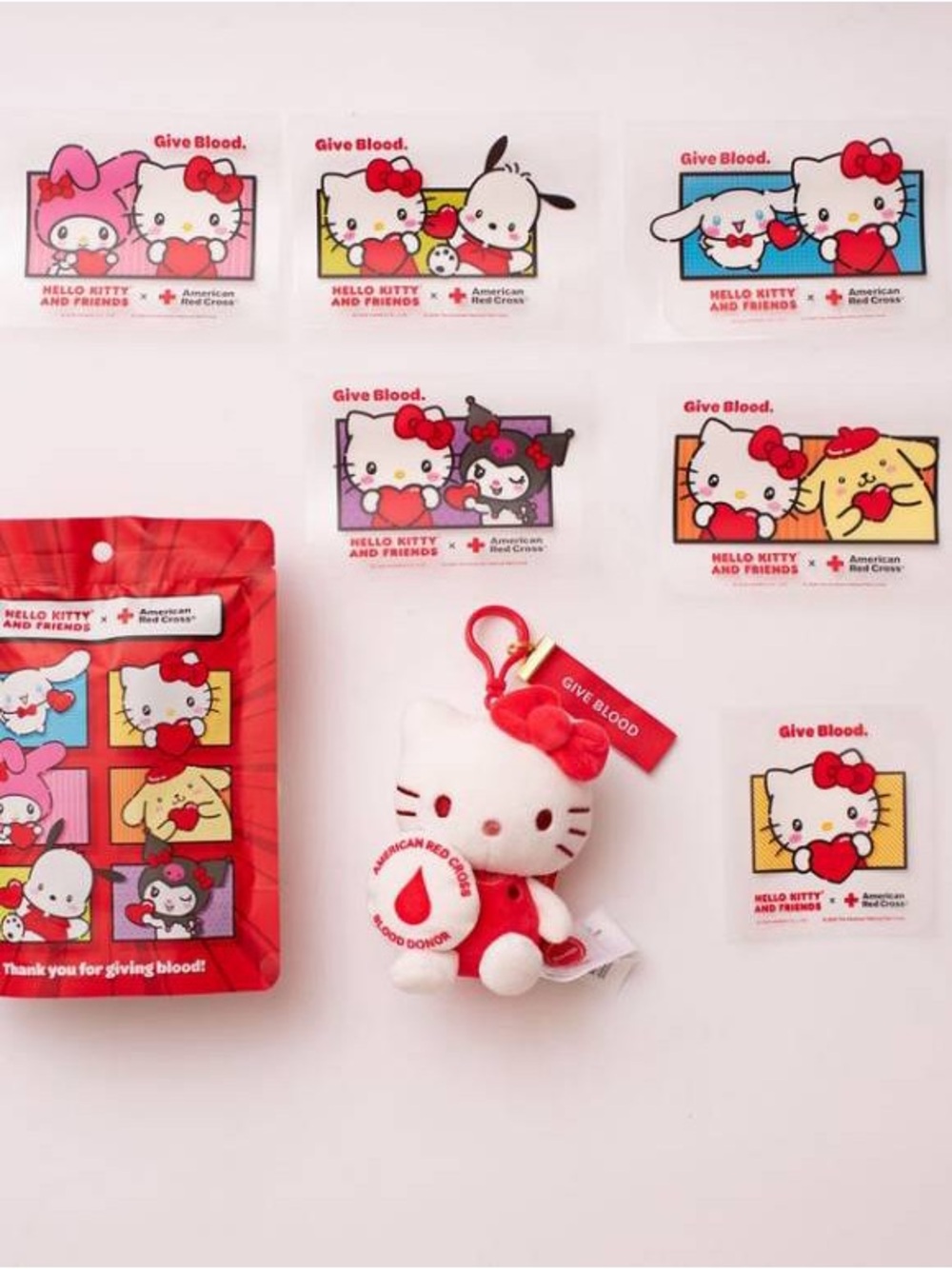 Hello Kitty Keychain with Red Cross ‘Give Blood' Tag & Stickers